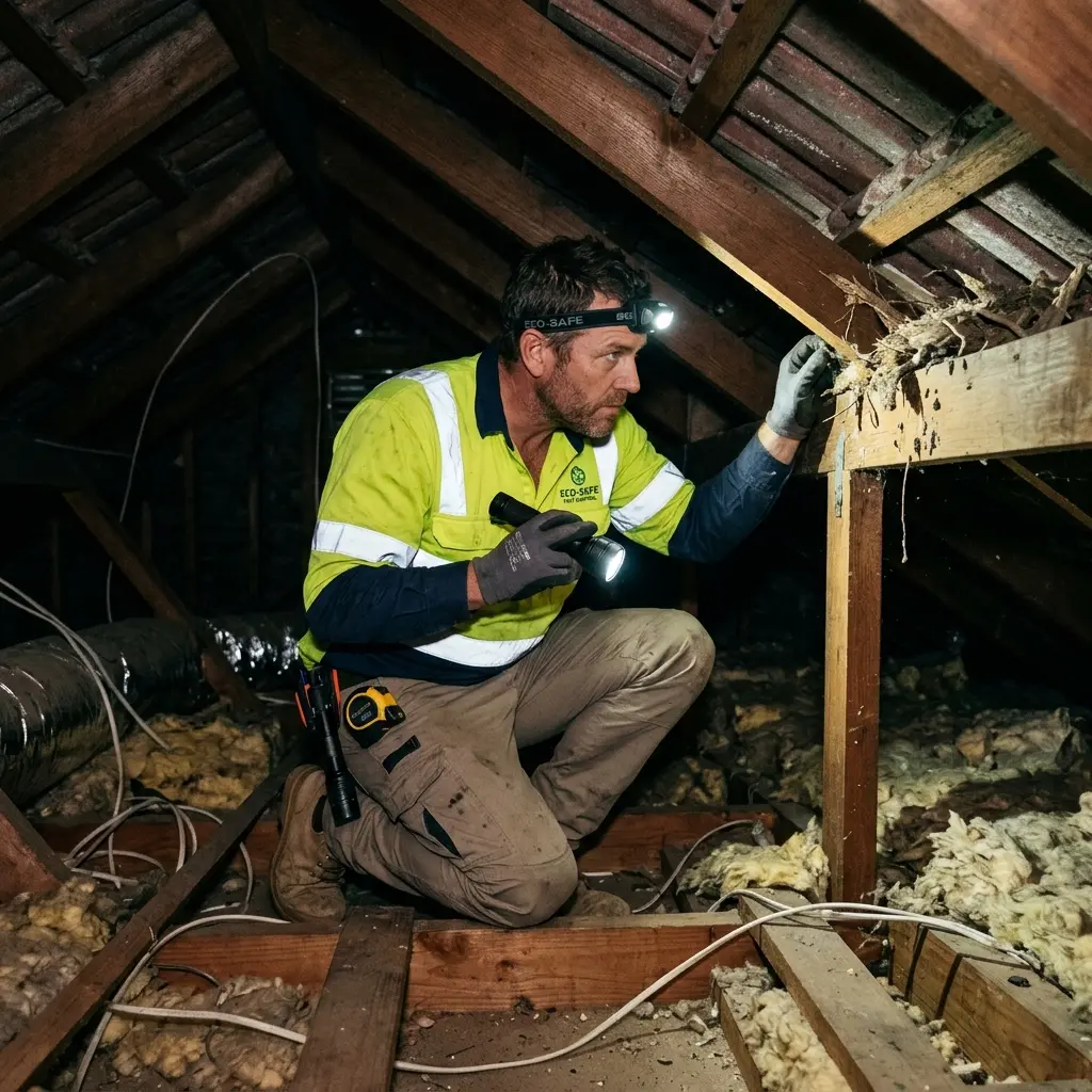 Technician inspecting a roof cavity for a dead animal in Springbank