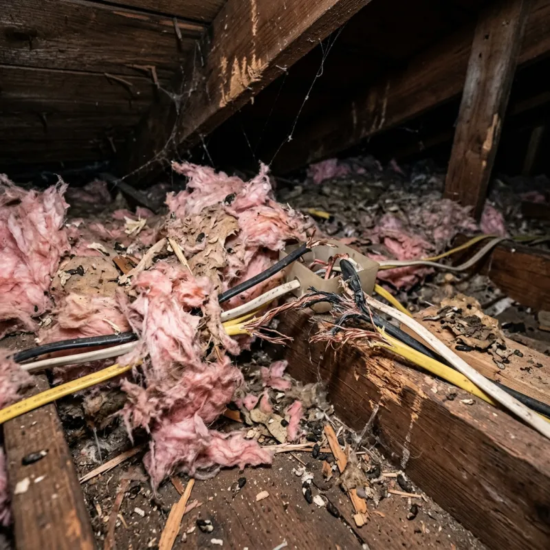 Contaminated ceiling insulation being assessed in a Springbank roof space