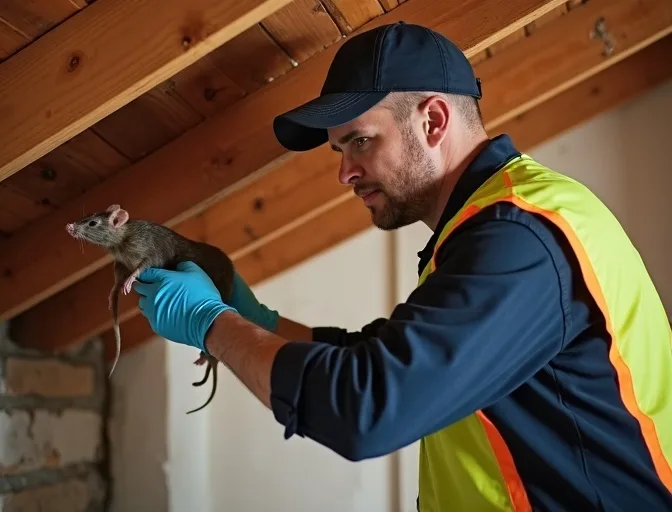 Technician inspecting a roof cavity for a dead rat in Springbank
